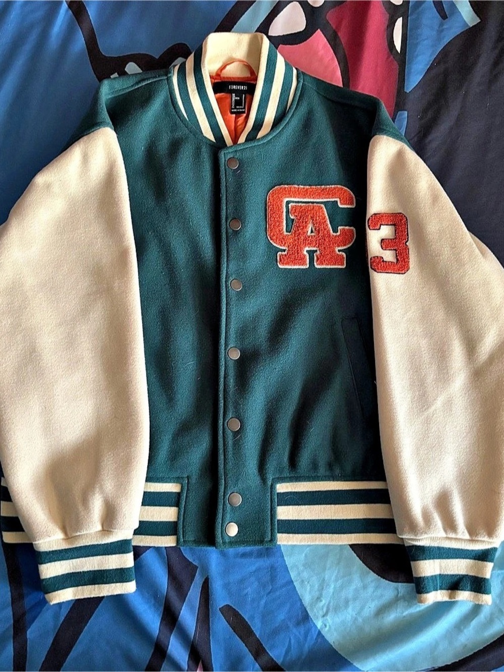 Forever 21 Golden State California Varsity Letterman Jacket Green & Cream Medium